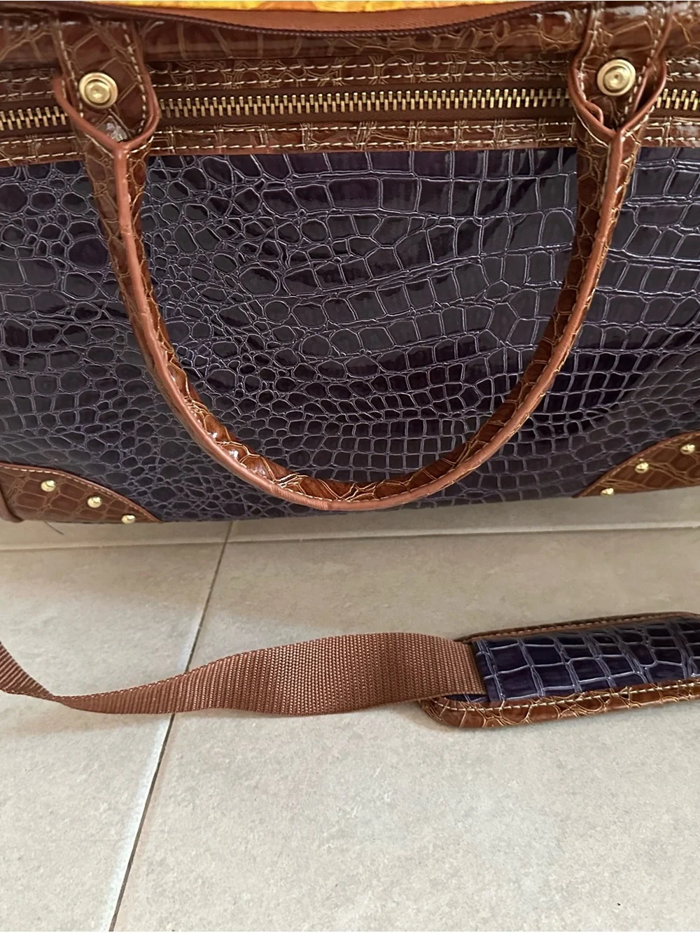 Croc-Embossed  Travel Tote in Dark Purple and Brown Trim by Samantha Brown